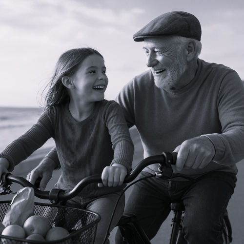 Une fille et son grand père en profitant en vélo